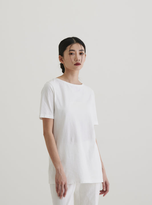 Boat neck short sleeve top organic cotton white