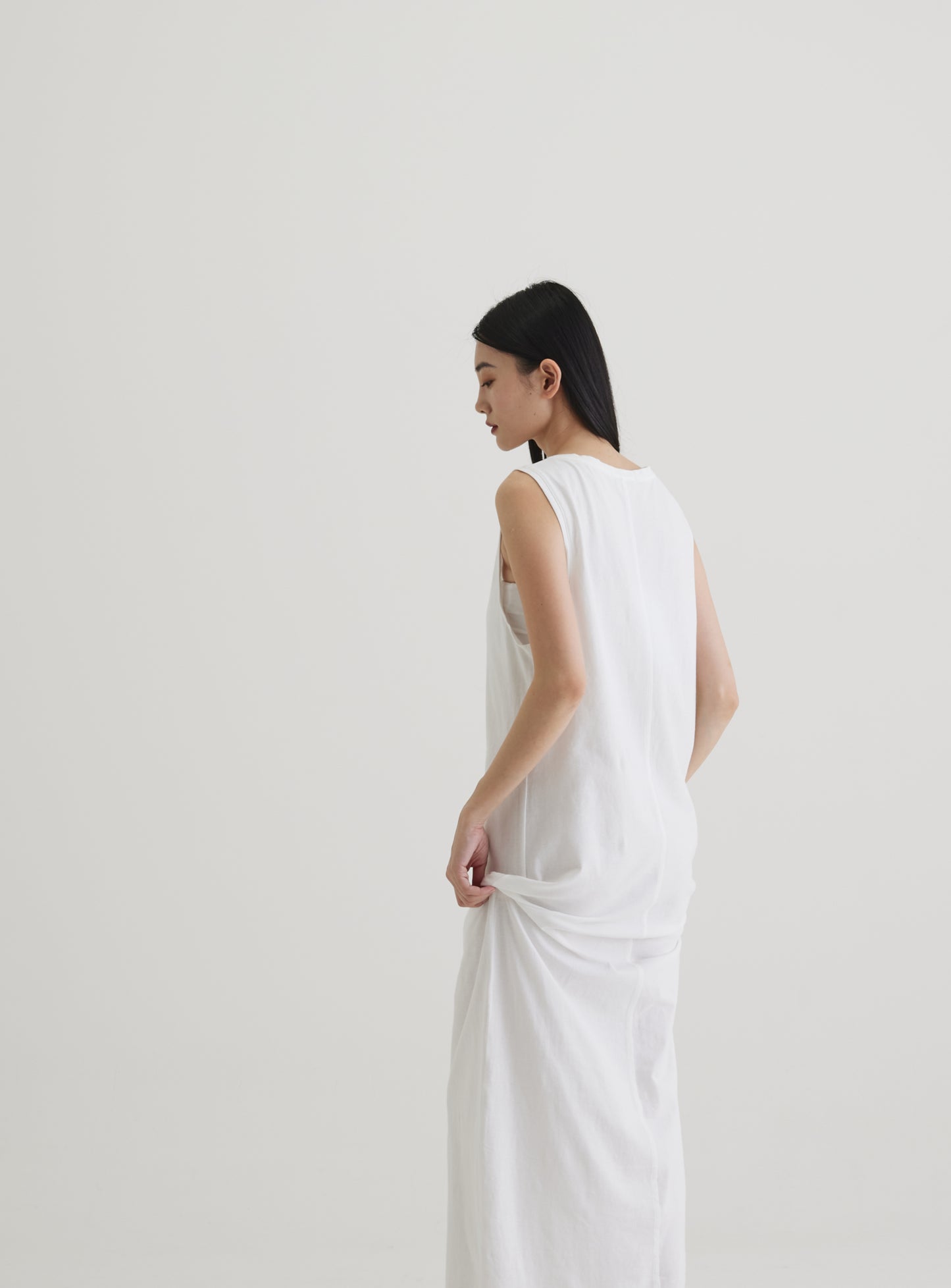 V-neck sleeveless long dress organic cotton white